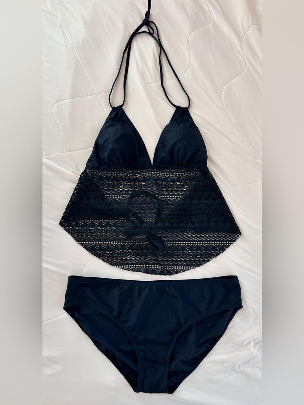 Women’s Black Overlay Tankini Set - Lace-Swim Top (XL) | Brief Bottoms (XXL)